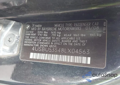 2008 BMW Z4 3.0Si z USA, uszkodzony, nr VIN 4USBU53548LX04563